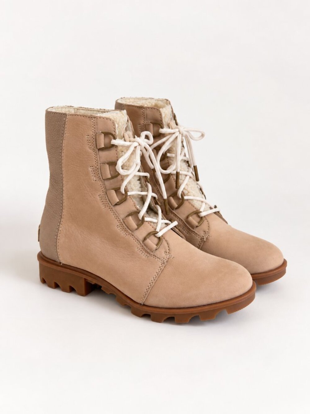 SOREL Phoenix Short Lace Lux Leather Shearling Boots Womenโs 10 Tan